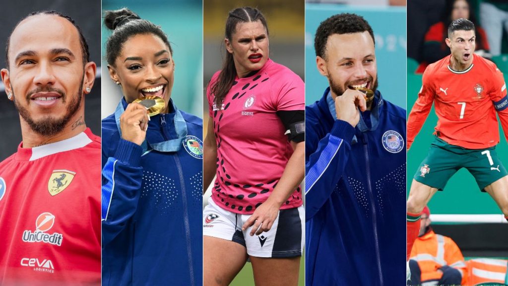 von links: Lewis Hamilton (c) Gepa, Simone Biles (c) Gepa, Ilona Maher (c) IMAGO, Stephen Curry (c) Gepa, Cristiano Ronaldo (c) Gepa