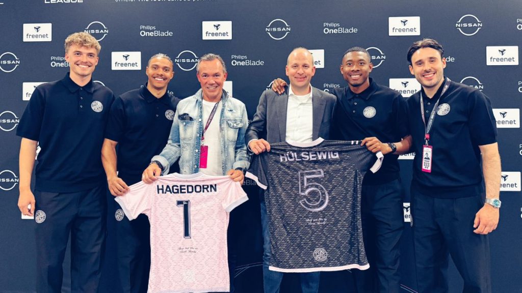 Von links nach rechts: Louis Grimm (Geschäftsführer DNA Athletics), Niklas Wilson Sommer (Teamhead / Content Creator), Thomas Hagedorn (Investor / Gesellschafter Hagedorn Gruppe), Christian Hülsewig (Investor / Gründer und CEO Schüttflix), David Alaba (Teamhead / Fußballspieler Real Madrid), Jannik Kirchner (Geschäftsführer DNA Athletics) | (c) Icon League