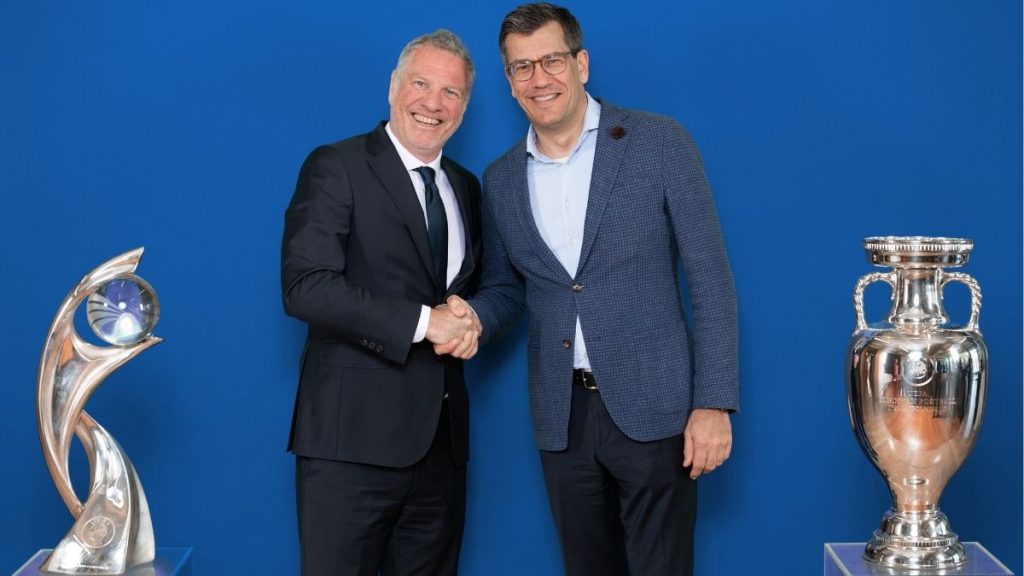 Guy-Laurent Epstein, Marketingdirektor der UEFA und Jens Thiemer, Chief Customer Officer Lidl | (c) Kristian Skeie – UEFA