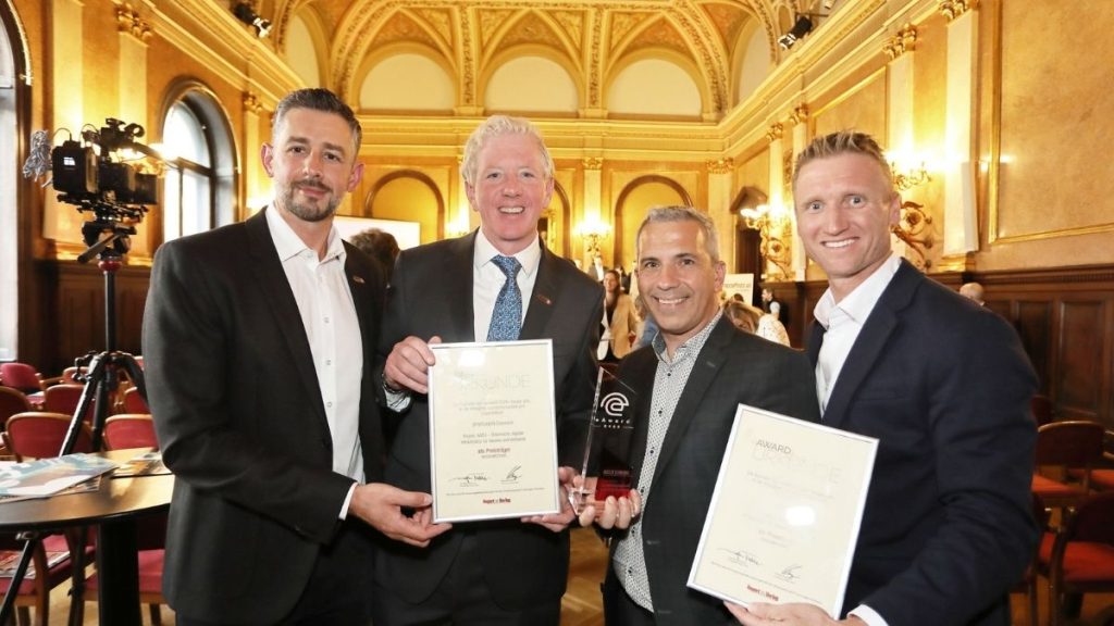 (v.  li. n. re.): Christoph Hofmann (Sportlicher Leiter Sportunion), Peter McDonald (Sportnunion-Präsident), Dipl.-Ing. Christoph Nagl (technischer Entwickler und Systemarchitekt), Johannes Blauensteiner (Sportunion Tulln) | (c) Barbara Krobath